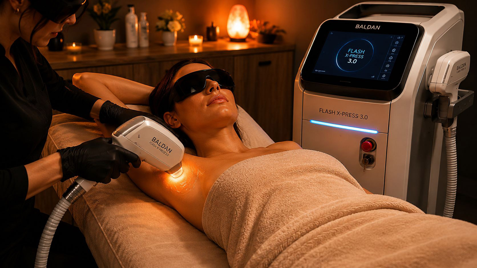 Seduta di epilazione laser con occhiali protettivi e macchinario a diodo